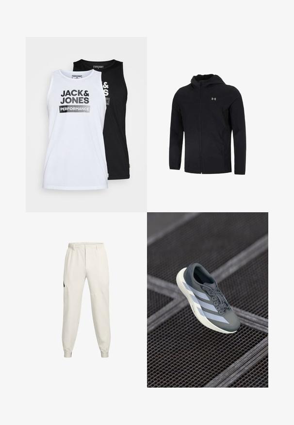 Schwarze Kapuzenjacke aus leichtem Material mit einem durchgehenden Reißverschluss, langen Ärmeln und einem kleinen Logo im linken Brustbereich.; Set aus zwei ärmellosen Tanktops in Weiß und Schwarz. Der Stoff ist glattes Baumwollmaterial. Auf der Vorderseite steht in fetter schwarzer Schrift "JACK & JONES PERFORMANCE".; Hellbeige Jogginghosen mit elastischem Bund, Seitentaschen und gerippten Bündchen; mit einem schwarzen Logo-Akzent an der linken Hüfte.; Sportsschuh in Grau und Weiß, aus synthetischem Material gefertigt, mit einem schlanken Design, strukturiertem Finish und ausgeprägtem Schnürsystem.