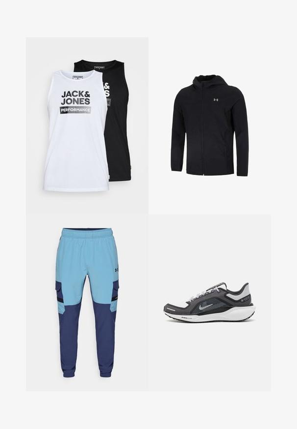 Must mustaga, mis on valmistatud kerge kanga kombineerimisest, täispika esihitiga, pikkade varrukatega ja väikese logoga vasakul rinnapiiril.; Kaks t-särki ilma varrukat, valge ja must. Kanga materjal on sile puuvill. Ees on suurte mustade tähtedega tekst "JACK & JONES PERFORMANCE".; Sinine ja tumesinine mugavushari elastse vöökoha, küljetaskute ja cargo stiilis aktsentidega. Valmistatud pehmest ja hingavast kangast.; Mustern ja hallide värvusega spordijalats, millel on võrgusilmast ülemine osa, peegeldavad aktsendid ja valge vaheosa. Omab tekstuuriga kummist välisosa ja kingapaelu.