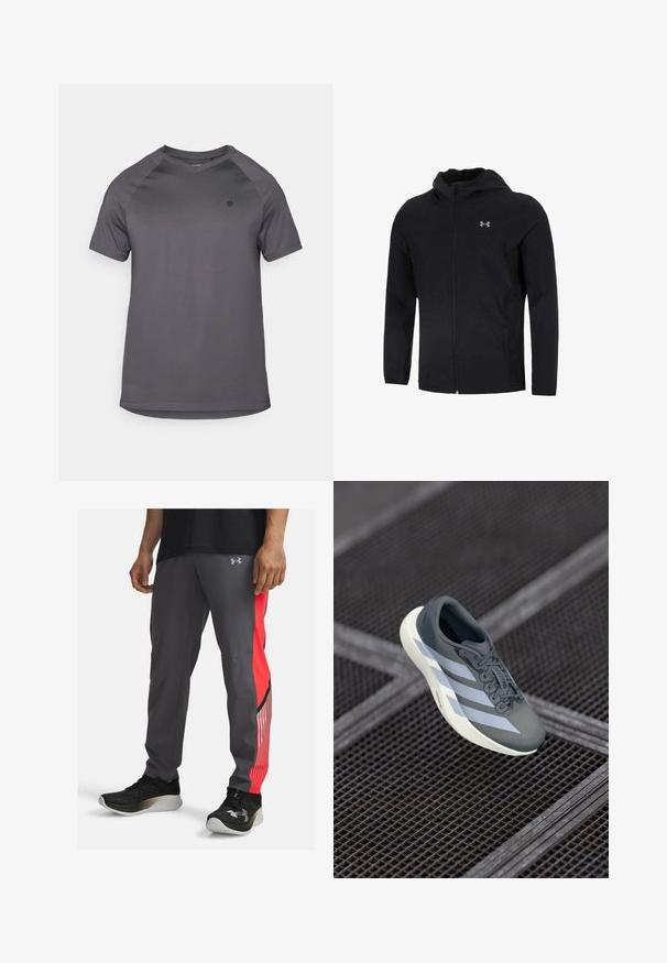 Melnā kapuce jaka, izgatavota no viegla auduma, ar pilnu priekšējo rāvējslēdzēju, garām piedurknēm un mazu logotipu kreisajā krūšu daļā.; Pelēks sporta T-krekls ar apaļu kakla izgriezumu, īsām raglanu piedurknēm un gludu tekstūru, ar logo kreisajā pusē.; Pelni bikses pelēkā krāsā ar sarkanu sānu paneļu un svītrām. Izgatavotas no viegla materiāla. Iespējas iekļauj logotipu uz gurniem un kabatas.; Sporta apavi pelēkā un baltā krāsā, izgatavoti no sintētiska materiāla, ar plūstošu dizainu, teksturētu virsmu un izteiktu auklu sistēmu.