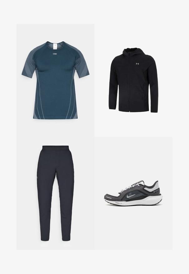 Must mustaga, mis on valmistatud kerge kanga kombineerimisest, täispika esihitiga, pikkade varrukatega ja väikese logoga vasakul rinnapiiril.; Tumed sinine spordipait, millel on lühikesed varrukad, sobiv disain, tekstureeritud õlavarrepaneelid ja peegeldavad detailid nähtavuse tagamiseks.; Mustad mustreid spordipüksid, millel on sile tekstuur, kitsas lõige, elastne vöökoht ja küljetaskud. Vasakule reiele on tikandatud väike logo.; Mustern ja hallide värvusega spordijalats, millel on võrgusilmast ülemine osa, peegeldavad aktsendid ja valge vaheosa. Omab tekstuuriga kummist välisosa ja kingapaelu.