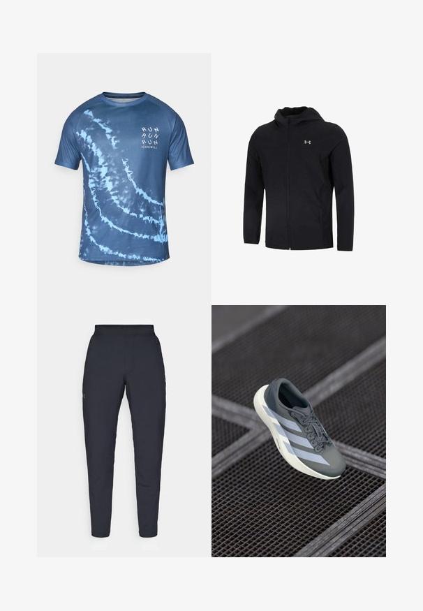 Črna kapuča jopica iz lahkega materiala z zadrgo spredaj, dolgimi rokavi in majhnim logotipom na levem prsnem predelu.; Modra kravata-tie-dye majica s kratkimi rokavi, izdelana iz lahkega blaga. Ima spiralen vzorec in napis "RUN" v beli barvi na sprednji strani.; Črne atletske hlače z gladko teksturo, ožjega kroja, elastičnim pasom in stranskimi žepi. Imajo majhen logotip na levem stegnu.; Športna obutev v sivi in beli barvi, izdelana iz sintetičnega materiala, z aerodinamičnim dizajnom, teksturirano površino in izrazitim sistemom vezalk.