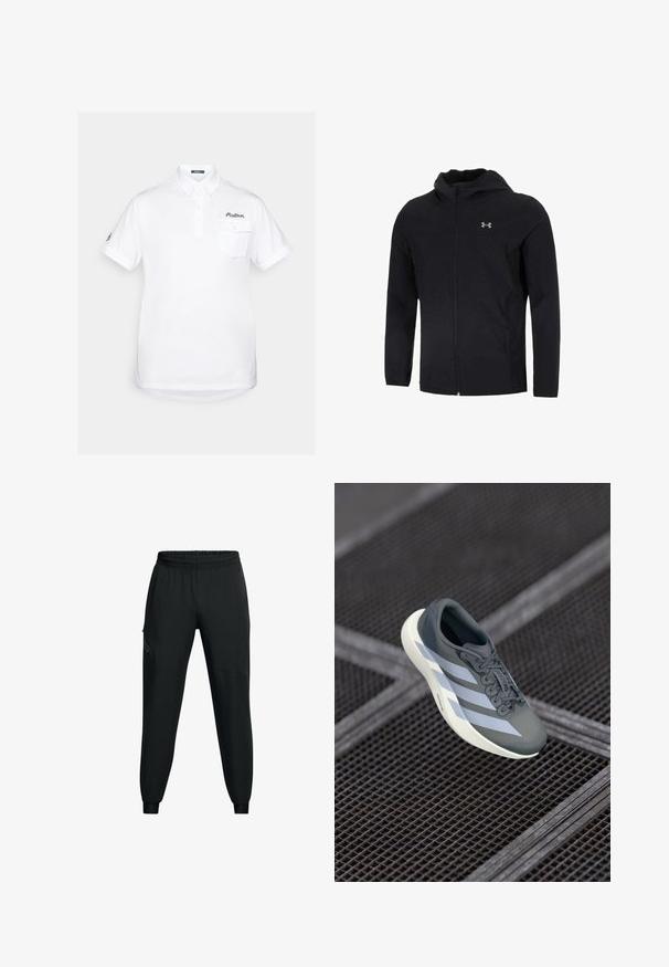 Must mustaga, mis on valmistatud kerge kanga kombineerimisest, täispika esihitiga, pikkade varrukatega ja väikese logoga vasakul rinnapiiril.; Valge puuvillane polo särk lühikeste varrukatega, terava kraega, kolme nööbiga kinnitusega ja rindtaskuga. Särgil on brodeeritud logo.; Musthave mustamaadid sportlikud püksid elastse vöökohaga, kitseneva jala disainiga, küljetaskudega ja kontrastsete paneelide detailidega. Kerge, sileda kangaga.; Hallide saapad hallis ja valges, valmistatud sünteetilisest materjalist, voolujoonelise disainiga, tekstuurse viimistlusega ja silmapaistva nöörimise süsteemiga.
