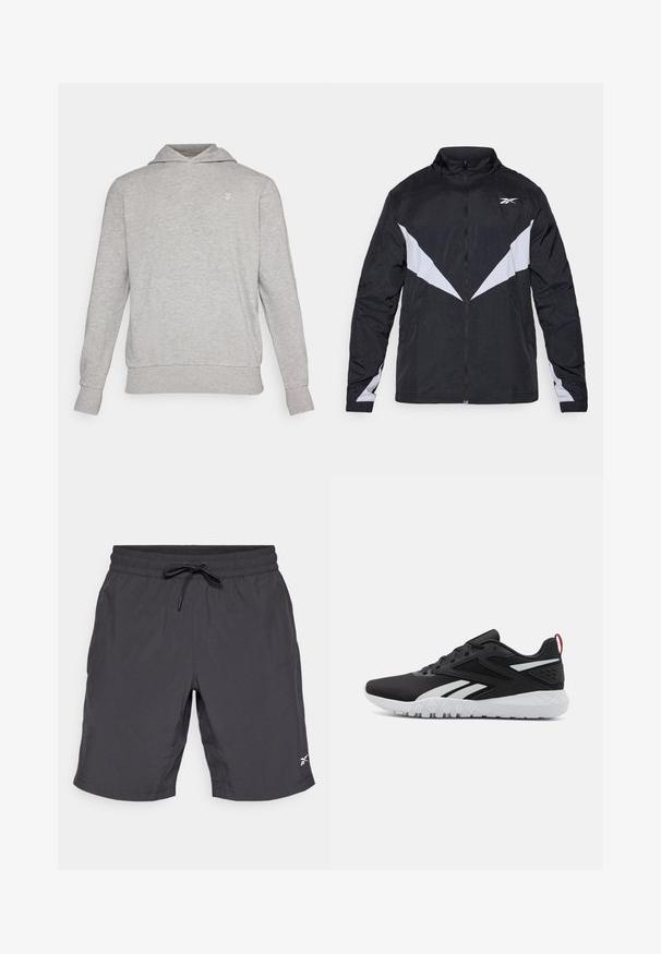 Černá a šedá zipová bunda s vysokým límcem, diagonálním barevným blokováním a elastickými manžetami. Vyrobena z lehkého, strukturovaného materiálu.; Šedá mikina s uvolněným střihem, vyrobená z měkké látky. Má klokaní kapsu, vroubkované manžety a malé logo nad kapsou.; Černé sportovní kraťasy s elastickým pasem a šňůrkou na stažení. Hladká látka, délka ke kolenům, s malým bílým logem na dolní pravé straně.; Černé sportovní boty s vybavením z prodyšného materiálu, bílými akcenty, texturovanou podrážkou a červeným poutkem na patě pro dodatečný detail.