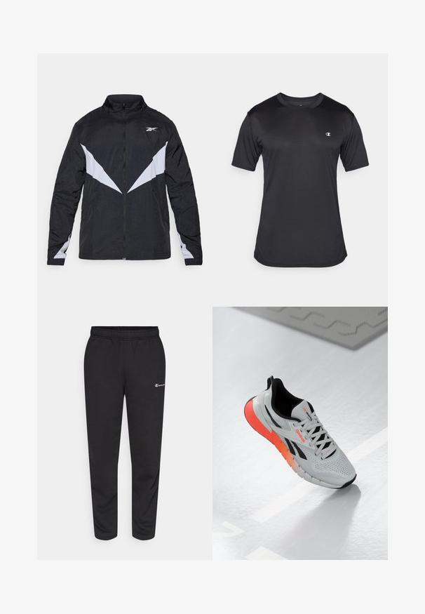 Fekete és szürke cipzáros dzseki, magas gallérral, ferde színblokkolt mintával és rugalmas mandzsettákkal. Könnyű, texturált anyagból készült.; Fekete, rövid ujjú sportpóló, texturált, légáteresztő anyagból készült; kerek nyakkivágással és logóval a bal mellrészen.; Fekete pamutkeverék melegítőnadrág, rugalmas derékkal és egy kis fehér logóval a bal oldalon. Felhúzott lábujjakkal rendelkező fazon.; Fehér sportcipő hálós felsőrésszel, fekete akcentusokkal és egy narancsról rózsaszínre gradáló talppal. Fűzős kivitelezés és kerek orr jellemzi.
