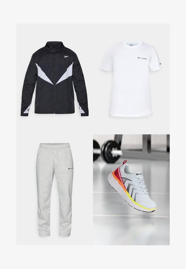 Juoda ir pilka zip-up striukė su aukštu apykakle, įstrižiniu spalvų blokų dizainu ir elastiniais rankogaliais. Pagaminta iš lengvos, tekstūruotos medžiagos.; Balta medvilninė marškinė su apvaliu kaklu, trumpomis rankovėmis ir juodu siuvinėtu "Champion" logotipu ant krūtinės bei rankovės akcentu.; Pilkos medvilnės mišinuko sportinės kelnės, su elastinga juosmens dalimi ir mažuoju išsiuvinėtu logotipu tamsiai mėlynos spalvos kairiajame šone.; Baltas sportinis batas su tinklo viršumi, spalvingais raštais raudonos, oranžinės ir geltonos spalvų, su tekstūruotu padu ir juodais akcentais.