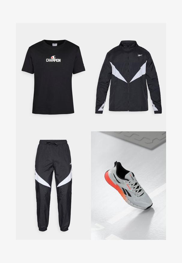 Jachetă cu fermoar neagră și gri, cu guler înalt, design diagonal în blocuri de culori și manșete elastice. Confecționată din material ușor, texturat.; Tricou negru din bumbac cu un logo alb "CHAMPION" cu un accent roșu, guler rotund, mâneci scurte și tiv drept.; Pantaloni sportivi negri dintr-un material texturat, cu un brâu ajustabil prin șnur, având accente diagonale albe pe laterale și tivuri elastice.; Adidași albi cu un șiret din plasă, accente negre și o talpă cu un degrade de la portocaliu la roz. Au un design cu șiret și vârful rotunjit.