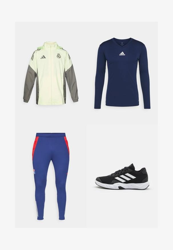 Hellgrüne und graue Jacke mit Reißverschluss, Kapuze und verstellbaren Schnüren. Verfügt über drei schwarze Streifen auf jeder Schulter und ein Logo.; Navy langärmliges Sporthemd aus strukturiertem Stoff mit V-Ausschnitt und weißem Adidas-Logo auf der Brust. Schlichtes Design, taillierte Form.; Navy Sporthosen mit roten Seitenstreifen, einem Logo am Oberschenkel und weißen Streifen an den Knöcheln. Aus einem dehnbaren, glatten Stoff gefertigt.; Schwarze Sportschuhe mit einem strukturierten Mesh-Obermaterial, weißen Akzentstreifen, einer gepolsterten Sohle und einer verstärkten Ferse für Unterstützung.