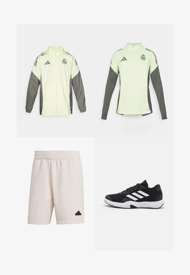 Lichtgroene en grijze jas met een ritsluiting, capuchon en verstelbare toggles. Heeft drie zwarte strepen op iedere schouder en een logo.; Lichtgroene lange mouwen shirt met donkere grijzige accenten, half-rits halslijn en Real Madrid-logo. Gemaakt van ademend materiaal.; adidas Sportswear Z.N.E. PREMIUM - Korte broeken - putty mauve; Zwarte sportieve schoenen met een geperforeerde mesh bovenkant, witte accentstrepen, een gevoerde zool en een versterkte hiel voor extra ondersteuning.