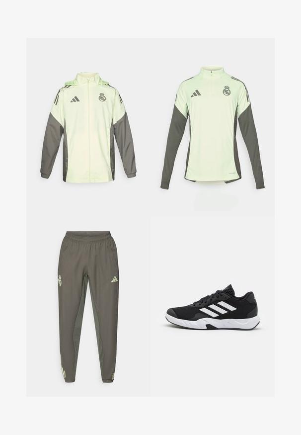 Light green and grey jacket with a zip closure, hood, and adjustable toggles. Features three black stripes on each shoulder and a logo.; Light green long-sleeve jersey with dark gray accents, half-zip neckline, and Real Madrid logo. Made from breathable fabric.; Gray athletic pants with an elastic waistband, featuring a textured finish and contrasting green side accents. Includes a logo detail.; Black athletic shoes with a textured mesh upper, white accent stripes, a cushioned sole, and a reinforced heel for support.