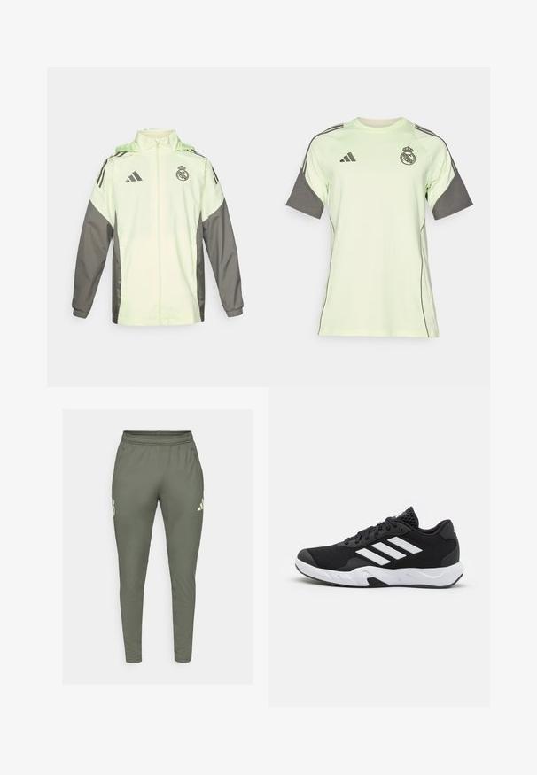 Light green and grey jacket with a zip closure, hood, and adjustable toggles. Features three black stripes on each shoulder and a logo.; Light green short-sleeve jersey with gray accents, black logo and stripes. Made from breathable material, designed for athletic wear.; Olive green track pants with a slim fit, elastic waistband, and side pockets. Features a logo on the left thigh and contrasting accents.; Black athletic shoes with a textured mesh upper, white accent stripes, a cushioned sole, and a reinforced heel for support.