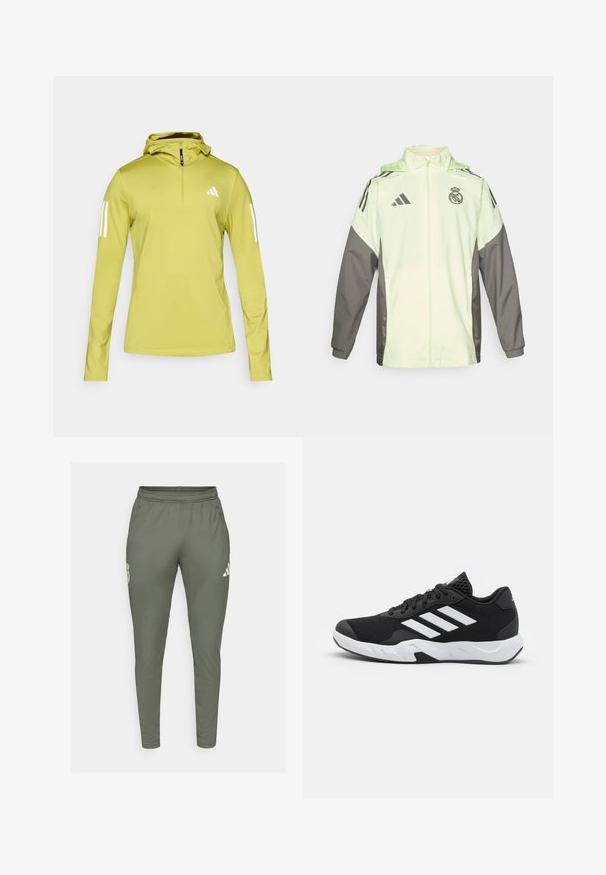 Chaqueta verde claro y gris con cierre de cremallera, capucha y cordones ajustables. Presenta tres franjas negras en cada hombro y un logo.; Sudadera de manga larga verde claro con media cremallera, que presenta rayas blancas en las mangas y un logo en el pecho. Tejido elástico texturizado.; Pantalones deportivos en color verde oliva con un corte ajustado, cintura elástica y bolsillos laterales. Presenta un logo en el muslo izquierdo y acentos en contraste.; Zapatillas deportivas negras con una parte superior de malla texturizada, rayas de acento blancas, suela acolchada y talón reforzado para mayor soporte.