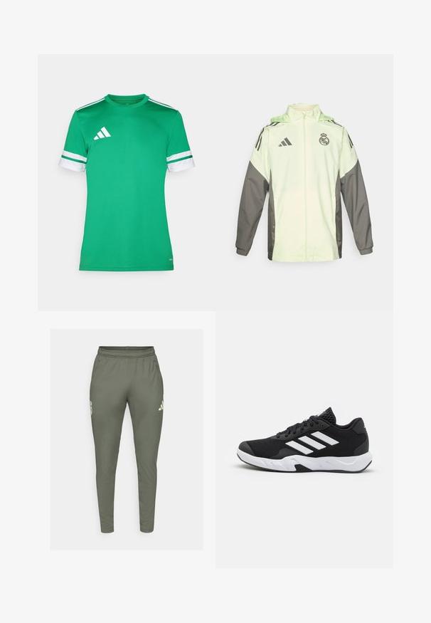 Jasnozielona i szara kurtka z zapięciem na zamek, kapturem i regulowanymi sznurkami. Posiada trzy czarne paski na każdym ramieniu oraz logo.; Zielona koszulka sportowa z gładkiego materiału, z białymi paskami na rękawach oraz trójkątnym białym logo na górnej lewej części.; Oliwkowe spodnie dresowe o slim fit, z elastycznym pasem i bocznymi kieszeniami. Posiadają logo na lewym udzie oraz kontrastowe akcenty.; Czarne buty sportowe z teksturowaną siateczką u góry, białymi paskami akcentującymi, amortyzującą podeszwą i wzmocnionym piętą dla wsparcia.