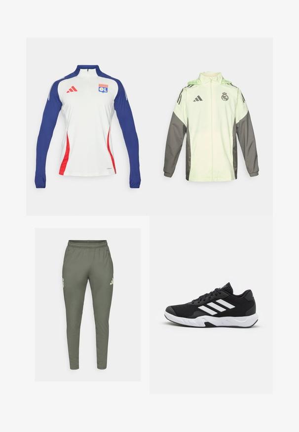 Lys grøn og grå jakke med lynlås, hætte og justerbare snore. Har tre sorte striber på hver skulder og et logo.; Langærmet hvid atletisk skjorte med marineblå ærmer og røde detaljer. Har en lynlås-talje og et Olympique Lyonnais-logo på brystet.; Olivengrønne træningsbukser med slim fit, elastisk talje og sidelommer. Har et logo på venstre lår og kontrasterende detaljer.; Sorte atletiksko med en tekstureret mesh-overdel, hvide accentstriber, en polstret sål og en forstærket hæl for støtte.
