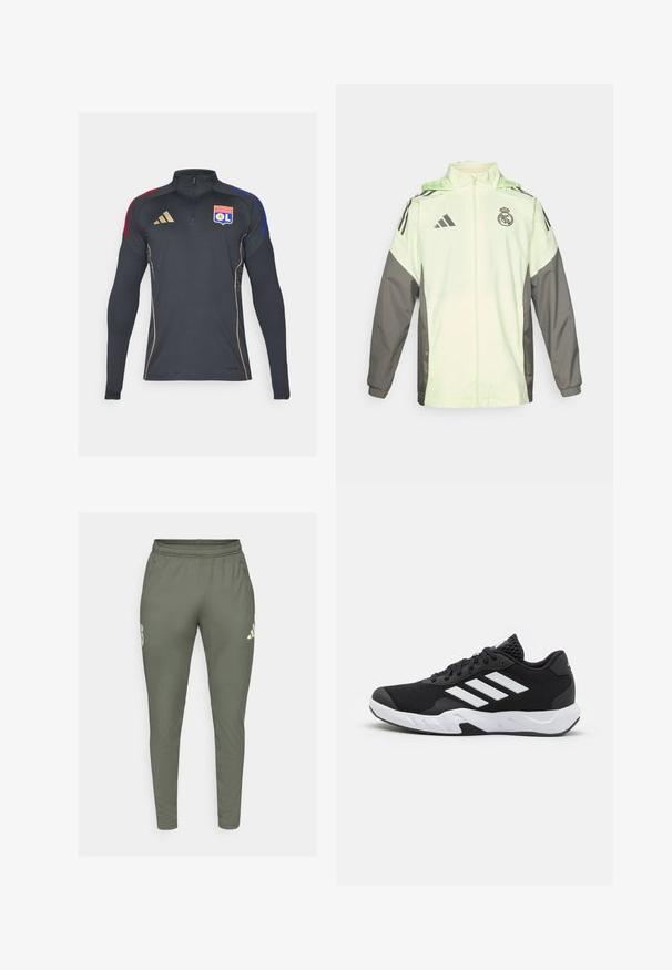 Light green and grey jacket with a zip closure, hood, and adjustable toggles. Features three black stripes on each shoulder and a logo.; Black athletic zip-up jacket with long sleeves, featuring red and blue shoulder accents, gold piping, and the Olympique Lyonnais logo.; Olive green track pants with a slim fit, elastic waistband, and side pockets. Features a logo on the left thigh and contrasting accents.; Black athletic shoes with a textured mesh upper, white accent stripes, a cushioned sole, and a reinforced heel for support.