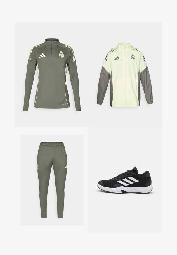 Giacca verde chiaro e grigia con chiusura zip, cappuccio e cordini regolabili. Presenta tre strisce nere su ciascun spalla e un logo.; Maglia a maniche lunghe verde scuro con colletto a mezza zip, strisce verde chiaro sulle spalle e logo del club ricamato, realizzata in tessuto leggero.; Pantaloni da jogging verde oliva con una vestibilità slim, vita elasticizzata e tasche laterali. Presentano un logo sulla coscia sinistra e dettagli a contrasto.; Scarpe da ginnastica nere con una tomaia in mesh texturizzata, strisce bianche di accento, suola imbottita e tallone rinforzato per supporto.