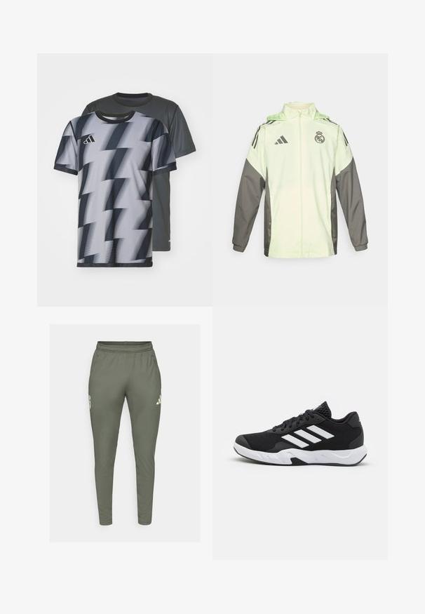Lys grønn og grå jakke med glidelås, hette og justerbare snorer. Har tre svarte striper på hver skulder og et logo.; To korteermede T-skjorter: den ene i grått med subtil tekstur, den andre med et svart og hvitt sikksakkmønster, begge med rund hals.; Olivengrønne træningsbukser med slim fit, elastisk talje og sidelommer. Har et logo på venstre lår og kontrastfarvede detaljer.; Sorte joggesko med teksturert mesh-overdel, hvite aksentstriper, en polstret såle og en forsterket hæl for støtte.