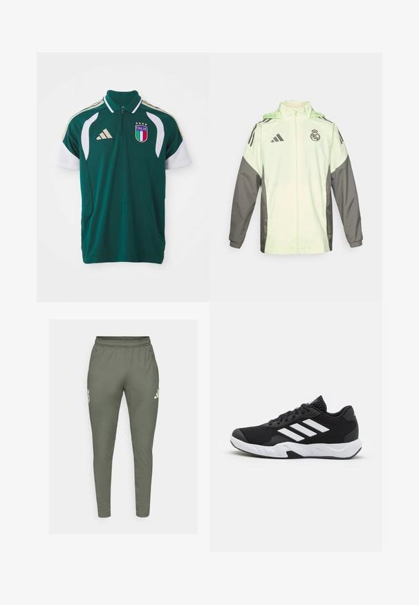 Vaaleanvihreä ja harmaa takki, jossa on vetoketjusulku, huppu ja säädettävät narut. Takissa on kolme mustaa raitaa kummallakin olkapäällä ja logo.; Tummanvihreä Italian jalkapallopaita, jossa on valkoiset hihnat, vaaleanbeige Adidas-logo, Italian vaakuna ja lyhyt etuvetoketju.; Olivi vihreät urheiluhousut joissa on slim fit, joustava vyötärö ja sivutaskut. Ominaisuuksiin kuuluu logo vasemmassa reidessä ja kontrastiväriset yksityiskohdat.; Mustat urheilukengät, joissa on teksturoitu verkkomateriaali yläosassa, valkoiset korostusraidat, pehmustettu pohja ja vahvistettu kanta tuen vuoksi.