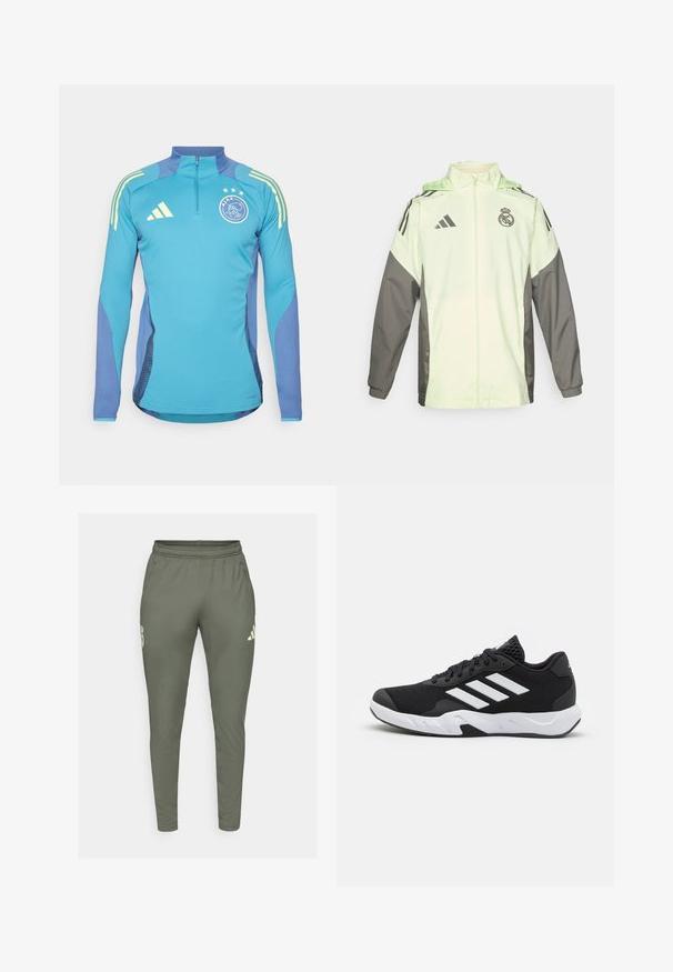 Light green and grey jacket with a zip closure, hood, and adjustable toggles. Features three black stripes on each shoulder and a logo.; adidas Performance AJAX AMSTERDAM TRAINING TOP - Long sleeved top - tactile steel; Olive green track pants with a slim fit, elastic waistband, and side pockets. Features a logo on the left thigh and contrasting accents.; Black athletic shoes with a textured mesh upper, white accent stripes, a cushioned sole, and a reinforced heel for support.