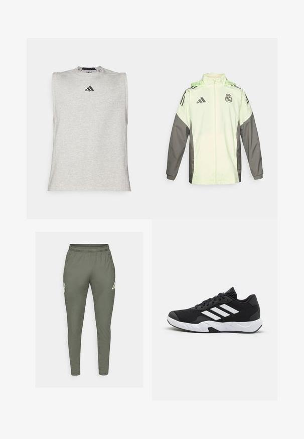 Világos zöld és szürke dzseki cipzáros záródással, kapucnival és állítható húzózsinórokkal. Mindkét vállán három fekete csíkkal és egy logóval rendelkezik.; Szürke, ujjatlan sportpóló, kerek nyakkivágással. Kis fekete Adidas logó található a mellkason. Puha, könnyű anyagból készült.; Olíva zöld sportnadrág karcsú fazonban, elasztikus derekkal és oldalzsebekkel. Bal combján logó található, kontrasztos díszítéssel.; Fekete sportcipők, textúrált hálós felsőrésszel, fehér díszcsíkokkal, párnázott talppal és megerősített sarokkal a stabilitás érdekében.