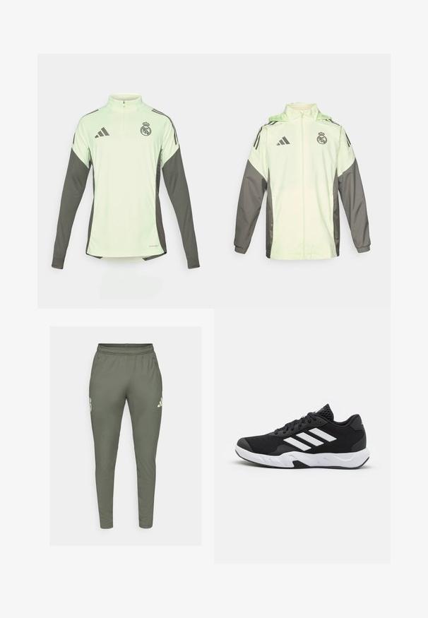 Light green and grey jacket with a zip closure, hood, and adjustable toggles. Features three black stripes on each shoulder and a logo.; Light green long-sleeve jersey with dark gray accents, half-zip neckline, and Real Madrid logo. Made from breathable fabric.; Olive green track pants with a slim fit, elastic waistband, and side pockets. Features a logo on the left thigh and contrasting accents.; Black athletic shoes with a textured mesh upper, white accent stripes, a cushioned sole, and a reinforced heel for support.