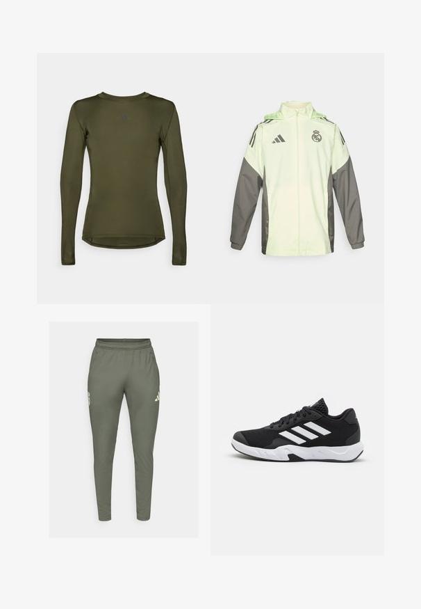 Light green and grey jacket with a zip closure, hood, and adjustable toggles. Features three black stripes on each shoulder and a logo.; Long-sleeve athletic top in olive green, made of smooth, stretchy fabric. Features a round neck and subtle logo at the chest.; Olive green track pants with a slim fit, elastic waistband, and side pockets. Features a logo on the left thigh and contrasting accents.; Black athletic shoes with a textured mesh upper, white accent stripes, a cushioned sole, and a reinforced heel for support.