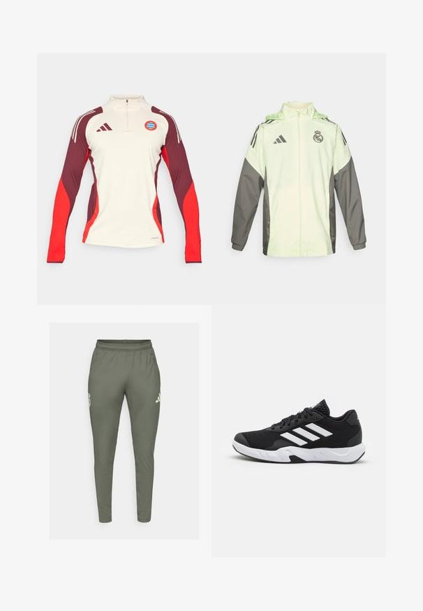 Ljusgrön och grå jacka med dragkedja, huva och justerbara snoddar. Har tre svarta ränder på varje axel och en logotyp.; adidas Performance FC BAYERN M�NCHEN EU TRAINING TOP - Klubbkläder - beige; Olivgrön träningbyxor med slim fit, elastisk midja och sidofickor. Har en logotyp på vänster lår och kontrasterande detaljer.; Svarta sportskor med ett texturerat nätövre, vita accentlinjer, en dämpad sula och en förstärkt häl för stöd.