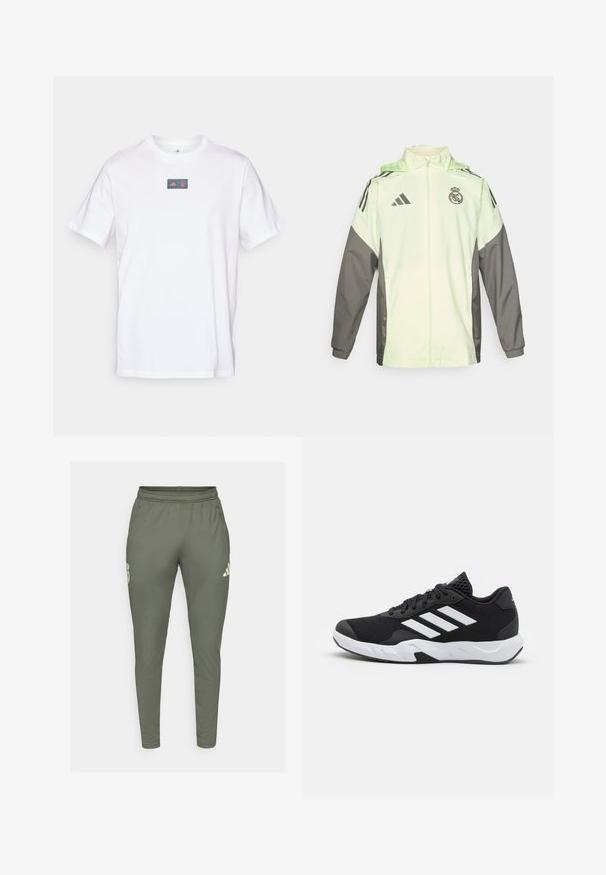 Casaco verde claro e cinza com fecho de zippers, capuz e cordões ajustáveis. Apresenta três riscas pretas em cada ombro e um logotipo.; T-shirt de algodão branco com decote redondo. Apresenta um logótipo retangular com um design em vermelho e azul no peito. Mangas curtas. Corte standard.; Calças de treino verde-oliva com um corte ajustado, cintura elástica e bolsos laterais. Tem um logótipo na coxa esquerda e detalhes em contraste.; Tenis negros desportivos com um superior em malha texturizada, riscas brancas de destaque, sola acolchoada e um calcanhar reforçado para suporte.