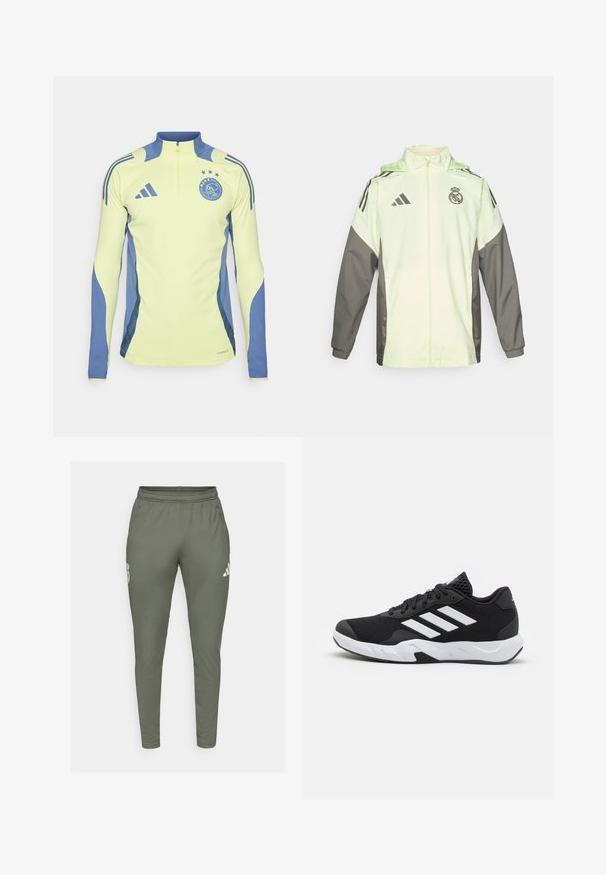 Hellgrüne und graue Jacke mit Reißverschluss, Kapuze und verstellbaren Schnüren. Verfügt über drei schwarze Streifen auf jeder Schulter und ein Logo.; Langärmliges Sportoberteil in fluoreszierendem Gelb mit blauen Seiteneinsätzen, einem Halbreißverschlusskragen und einem Logo mit Sternen auf der Brust.; Olivgrüne Jogginghose mit schlankem Schnitt, elastischem Bund und Seitentaschen. Mit einem Logo auf dem linken Oberschenkel und kontrastierenden Akzenten.; Schwarze Sportschuhe mit einem strukturierten Mesh-Obermaterial, weißen Akzentstreifen, einer gepolsterten Sohle und einer verstärkten Ferse für Unterstützung.