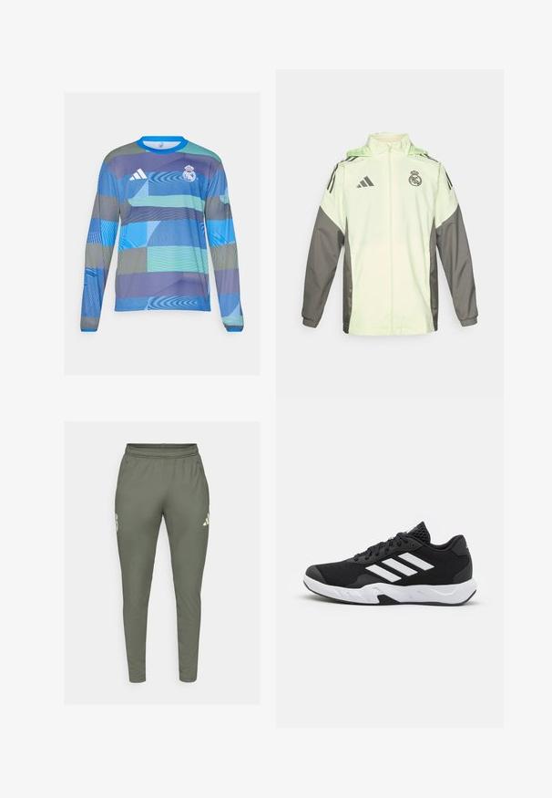 Light green and grey jacket with a zip closure, hood, and adjustable toggles. Features three black stripes on each shoulder and a logo.; Long-sleeve sports jersey featuring a blue and green geometric pattern, made of lightweight fabric with ribbed blue collar and Adidas logo.; Olive green track pants with a slim fit, elastic waistband, and side pockets. Features a logo on the left thigh and contrasting accents.; Black athletic shoes with a textured mesh upper, white accent stripes, a cushioned sole, and a reinforced heel for support.