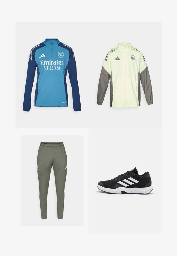 Giacca verde chiaro e grigia con chiusura zip, cappuccio e cordini regolabili. Presenta tre strisce nere su ciascun spalla e un logo.; Maglietta sportiva blu a maniche lunghe con collo a zip, con logo dell'Arsenal e il testo "Emirates FLY BETTER", con pannelli laterali blu navy e strisce bianche.; Pantaloni da jogging verde oliva con una vestibilità slim, vita elasticizzata e tasche laterali. Presentano un logo sulla coscia sinistra e dettagli a contrasto.; Scarpe da ginnastica nere con una tomaia in mesh texturizzata, strisce bianche di accento, suola imbottita e tallone rinforzato per supporto.