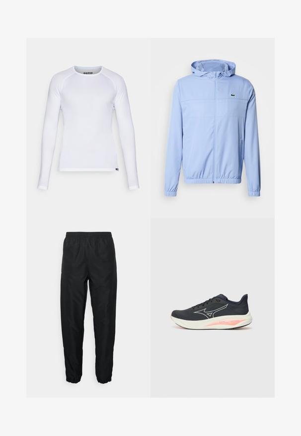 Casaco azul-claro com fecho éclair e capuz, com punhos e bainha elásticos, dois bolsos laterais e um pequeno logótipo verde no peito esquerdo.; Camisa de manga longa branca, feita de um tecido leve e suave. Apresenta um decote redondo e costuras planas. Inclui o logótipo GripGrab na gola.; Calças desportivas pretas feitas de material leve com cintura e punhos elásticos, apresentando uma textura suave e um detalhe de marcação mínima.; Sapatilha de corrida preta com um upper têxtil suave, apresentando um logo branco, detalhes cor-de-rosa na sola e um design de bico arredondado.