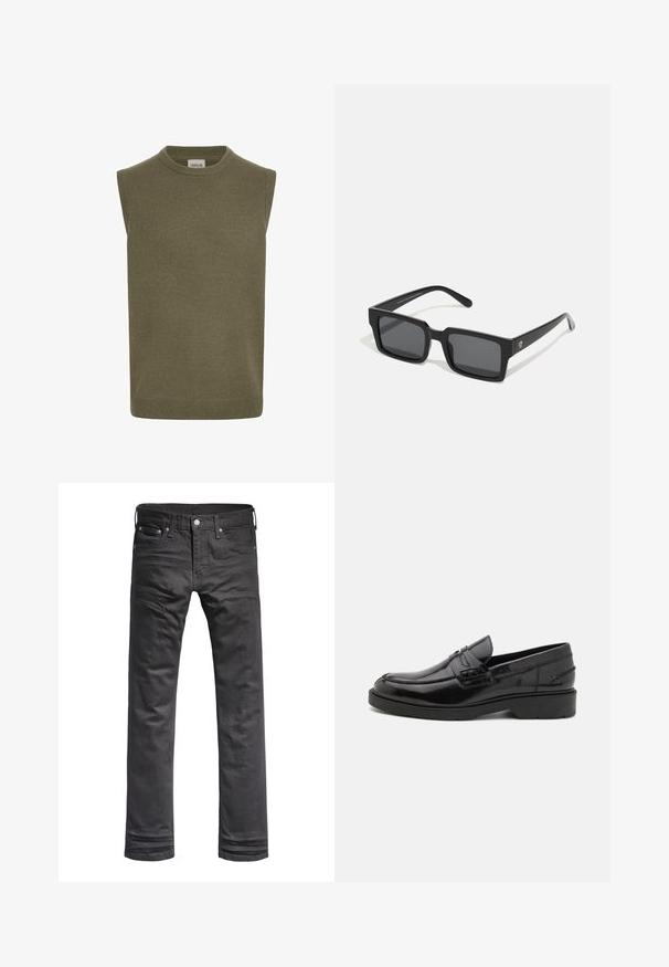 Rote Leder-Bomberjacke mit glänzender Oberfläche, gerippten Bündchen und Saum sowie zwei Fronttaschen. Verfügt über einen spitzen Kragen und einen Reißverschluss.; Ärmelloser Pullover in olivgrün, gerippter Strickstruktur, runder Halsausschnitt, gerade Schnittform und dezentes Saumdetaill. Markenlabel sichtbar auf der Innenseite.; Schwarze Denim-Jeans mit klassischem geraden Beinschnitt. Mit Fronttaschen, Knopfverschluss und dezenten Stickdetails.; Schwarze Lederloafers mit glatter Oberfläche, abgerundetem Zehenbereich, niedrigem Absatz und dekorativer Naht entlang der Vorderseite. Gummisohle für guten Halt.; Schwarz rechteckige Sonnenbrille mit dunklen Gläsern; aus Kunststoff gefertigt, mit glatter Oberfläche, dicken Rahmen und dezenter Markenkennzeichnung an der Seite.