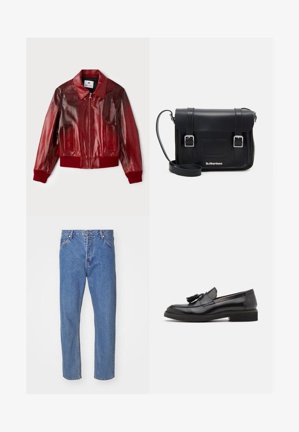 Červená kožená bomber bunda s lesklým povrchom, rebrovanými manžetami a spodným okrajom, a dvoma prednými vreckami. Obsahuje špicatý golier a zips.; Biela bavlnená tričko s okrúhlym výstrihom, krátkymi rukávmi a voľným strihom. Má jednoduchý dizajn bez vzorov alebo akcentov.; Modré denimové džínsy so strihom rovného nohu, vybavené zipsom, piatimi vreckami a jemným praním. Klasický stredne vysoký strih.; Čierne kožené mokasíny s detailmi v podobe strapca, zaoblenou špičkou a štruktúrovanou podrážkou. Majú hladký povrch a minimalistický dizajn.; Čierna kožená messenger taška so striebornými prackami, žltým prešívaním, nastaviteľným popruhom a prednou kapsou. Značkové logo vystavené vpredu.
