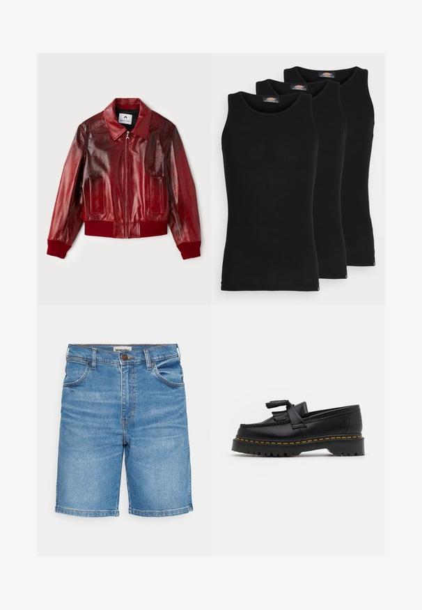 Punainen nahkainen pommikonejakku, jossa on kiiltävä pinta, ribbikujat hihoissa ja helmassa sekä kaksi etutaskua. Ominaisuuksiin kuuluu teräväkauluksellinen muotoilu ja vetoketjukiinnitys.; Mustat hihattomat t-paidat kolmessa paketissa. Ribbed-kudontaa, tavallinen crew-kaarroke, ilman hihoja. Helmaosa sisältää pienen brändilogon alareunassa.; Vaaleansiniset farkkushortsit, joissa on suora malli, viisi taskua ja yläpainike. Ominaisuuksiin kuuluu hillitty kuluminen ja kontrastiväriset ompeleet.; Musta nahkakengät, joissa on tupsuakkentti, paksu musta pohja ja keltainen ommel reunassa. Rakeinen pinta.