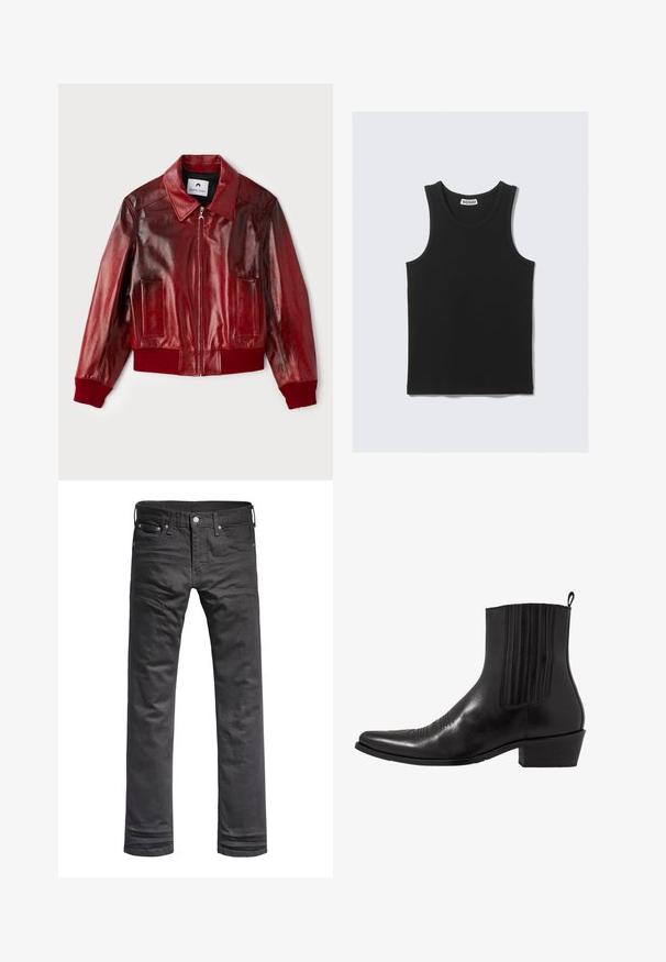Giacca bomber in pelle rossa con finitura lucida, polsini e orlo a coste, e due tasche frontali. Presenta un colletto a punta e chiusura con zip.; Top in cotone nero senza maniche con texture a coste, dotato di scollo rotondo e ampi fori per le braccia. Etichetta visibile sul collo.; Jeans in denim nero con un design classico a gamba dritta. Presentano tasche frontali, chiusura a bottoni e dettagli di cucitura sottili.; Stivale alla caviglia in pelle nera con punta affusolata, pannelli laterali elasticizzati, accenti di cuciture verticali e tacco a blocco basso.