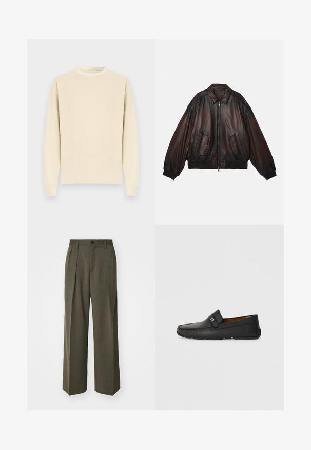 Pruun nahkbooler jakk, millel on luku eest, ribastest mansettidest ja hemist, kaks eesmist taskut ning struktuursed õlad, mis tagavad mugava istuvuse.; Pikad varrukad, ümara kaelusega särk heledas beežis, valmistatud pehmest puuvillast. Omab soonikservadega mansette ja sirget äärt, puuduvad nähtavad mustrid või graafika.; Filippa K WIDE TROUSERS - Püksid - driftwood; Mustast nahast mokassiinitüüpi kingad, millel on ümar nina, õmmeldud detailid ja dekoratiivne rihm. Paindlik tallaga mugavuse tagamiseks.