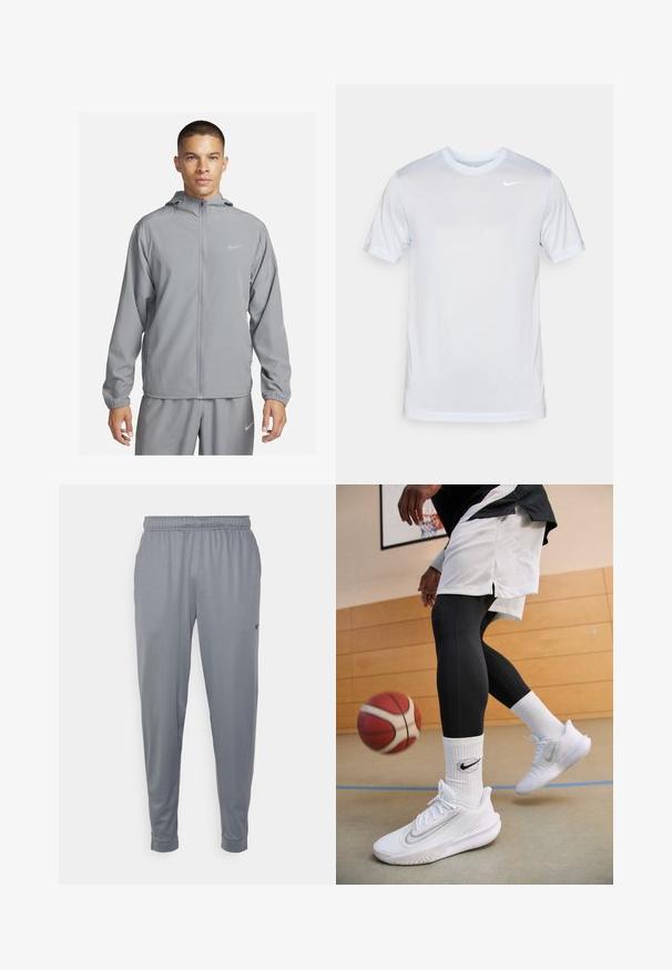 Lichtgrijze windjack met capuchon, volledige voorkant rits, elastische manchetten en een klein logo op de borst. Glad, waterafstotend materiaal.; Nike Performance TEE NEW VENEER - Sport T-shirt - football grey/pure/white; Grijze sportbroek gemaakt van lichtgewicht stof, met een elastische tailleband, taps toelopende benen en een klein logo aan de zijkant.; Nike Performance PRECISION 7 - Basketbalschoenen - white/light smoke grey/photon dust