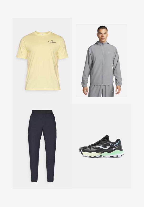 Svijetlosivi vjetrovka s kapuljačom, cijelim prednjim zatvaračem, elastičnim manžetama i malim logotipom na prsima. Glatki, vodootporni materijal.; Svijetložuta pamučna majica kratkih rukava, s okruglim izrezom i malim crnim logom na prsima. Mekan materijal i opušten kroj.; Crne sportske hlače s glatkom teksturom, uskih krojeva, elastičnim pojasom i bočnim džepovima. Imaju mali logo na lijevom bedru.; Crna atletska cipela s slojevitim dizajnom, s mint zelenom potplatom, uzorkovanim naglasima i mrežastim gornjim dijelom za ventilaciju.