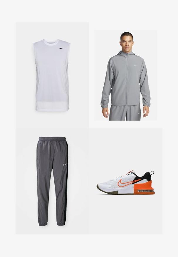 Lichtgrijze windjack met capuchon, volledige voorkant rits, elastische manchetten en een klein logo op de borst. Glad, waterafstotend materiaal.; Witte mouwloze sportshirt gemaakt van lichtgewicht materiaal. Heeft een ronde halslijn en een klein zwart Nike-logo aan de bovenlinkerkant.; Nike hardloopbroek, gemaakt van lichtgewicht stof, in donkergrijs met zwarte zijpanelen. Kenmerkt zich door een elastische tailleband en een reflecterend logo.; Witte sportieve schoen met een gestructureerde mesh bovenkant, zwarte en oranje accenten, een dikke rubberen zool en een doorzichtige luchtkussensectie bij de hak.