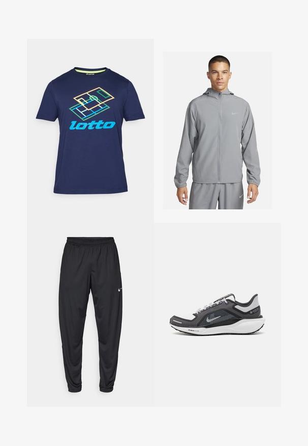 Gai pelēks vēja pārsegs ar kapuci, pilna priekšējā rāvējslēdzēja, elastīgām piedurknēm un nelielu logotipu uz krūtīm. Gluda, ūdensizturīga materiāla.; Tums zila īsām piedurknēm t-krekls, izgatavots no kokvilnas, ar daudzkrāsainu "Lotto" logo un ģeometrisku dizainu priekšpusē.; Melnas sporta bikses ar elastīgu jostasvietu, sašaurinātām kājām un mazu baltu Nike logotipu kreisajā augšstilbā. Gluda auduma, bez rakstiem.; Melnas un pelēkas sporta kurpes ar tīklu augšdaļu, atstarojošiem akcentiem un baltu starpzoli. Aprīkotas ar teksturētu gumijas zoli un šņorēm.
