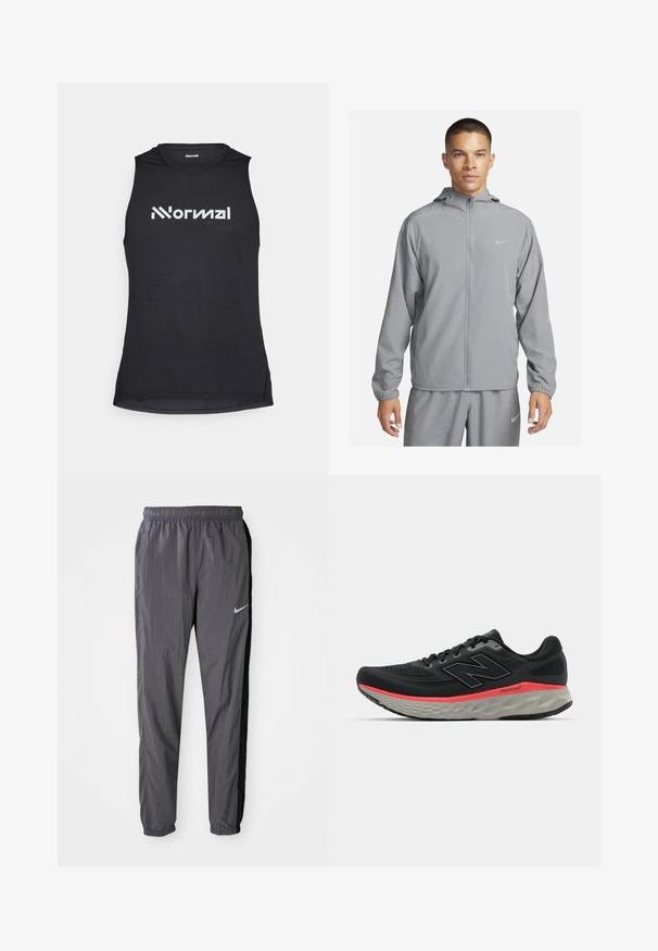 Világosszürke széldzseki kapucnival, teljes előlapi cipzárral, rugalmas mandzsettákkal és kis logóval a mellrészen. Simább, vízálló anyag.; Fekete ujjatlan sportos tanktop, texturált anyagból készült, elöl jól látható fehér logóval.; Nike melegítőnadrág, könnyű anyagból készült, sötétszürke színben, fekete oldalsó panelek mellett. Jellemzője a rugalmas derékbőség és a fényvisszaverő logó.; Fekete futócipő, hálós felsőrésszel, rózsaszín középtalppal és szürke talppal. Texturált részletekkel és rugalmas talp kialakítással rendelkezik.