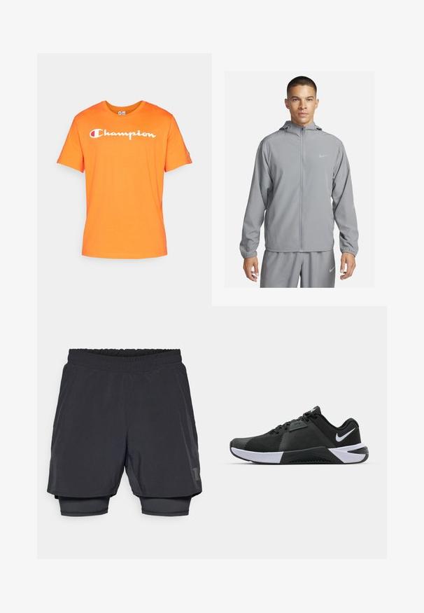 Light grey windbreaker jacket with a hood, full front zipper, elastic cuffs, and a small logo on the chest. Smooth, water-resistant material.; Orange cotton t-shirt with a round neckline and short sleeves. Features white "Champion" text across the front. Smooth texture.; Black athletic shorts with an elastic waistband, layered design, and a fitted inner lining. Features a subtle logo on the lower side.; Nike Performance METCON 10 - Training shoe - black/white/anthracite
