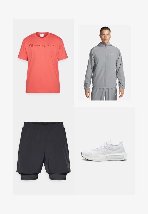 Svetlo šedý vetrovka s kapucňou, plným predným zipsom, elastickými manžetami a malým logom na hrudi. Hladký, vodoodpudivý materiál.; Korálová bavlnená tričko s krátkymi rukávmi, s vyšívaným logom "Champion" na hrudi a malým logom na rukáve.; Čierne športové šortky s elastickým pásom, vrstveným dizajnom a priliehavou podšívkou. Obsahujú jemné logo na spodnej strane.; Biele športové tenisky s textúrovaným pleteným zvrškom, šnurovaním, mäkčenou podrážkou a charakteristickým detailom značky na boku.