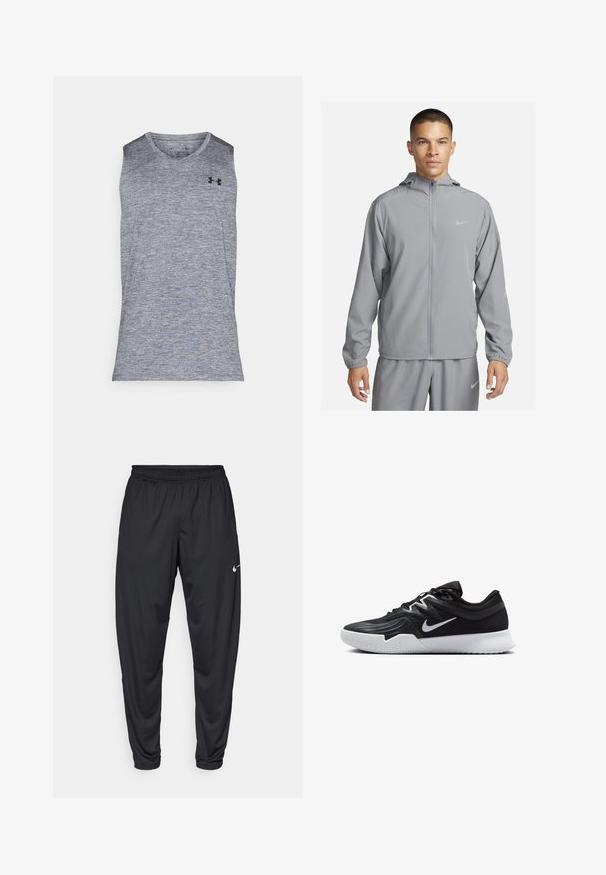 Gai pelēks vēja pārsegs ar kapuci, pilna priekšējā rāvējslēdzēja, elastīgām piedurknēm un nelielu logotipu uz krūtīm. Gluda, ūdensizturīga materiāla.; Pelēks bezpiedurkņu sporta krekls, kas izgatavots no teksturētas, mitrumu izturīgas auduma. Tam ir apaļa kakla izgriezums un melna logo augšējā kreisajā pusē.; Melnas sporta bikses ar elastīgu jostasvietu, sašaurinātām kājām un mazu baltu Nike logotipu kreisajā augšstilbā. Gluda auduma, bez rakstiem.; Melni sporta apavi ar teksturētu virsu, balto Nike zulumu un balto gumijas zoli. Iezīmējas ar auklu pievilkšanas dizainu un dinamisku formu.