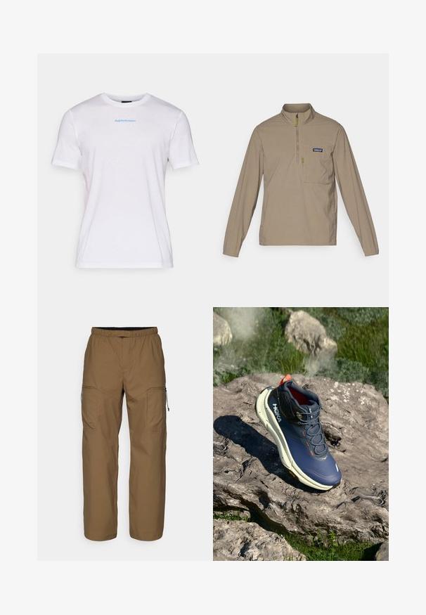 Beige langærmet pullover med en halvlukket krave, frontlomme og grøn lynlås. Letvægtsstof med en glat tekstur.; Hvid bomulds t-shirt med rund halsudskæring og korte ærmer. Har blå "Peak Performance" tekst på fronten, med en glat overflade.; Brune, lette cargo bukser med elastisk talje, lynlås side lommer og en løs pasform. Glat tekstur og minimal detaljer.; Blå og hvid trail løbesko med en tekstureret overdel, polstret krave og orange detaljer, der har en tyk mellemsål og Vibram ydersål.