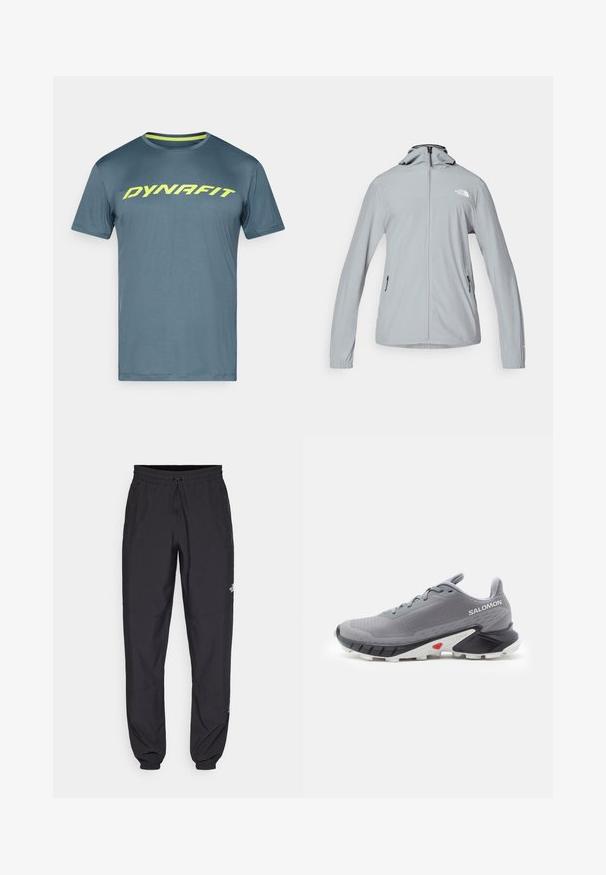The North Face MOUNTAIN ATHLETICS HOODED JACKET - Jachetă de vânt - monument grey; Cămașă sport pe albastru, cu mânecă scurtă, având logo-ul neon galben "DYNAFIT" pe piept, guler rotund și trim galben contrastant pe interiorul gulerului.; Pantaloni atletici negri, confecționați dintr-un material ușor, cu un tiv elastic la talie, buzunare laterale și tivuri ajustate la gleznă.; Pantofi de alergat gri cu superior din plasă texturată, talpă din cauciuc alb-negru și accente roșii aproape de călcâi. Au șireturi și un design care oferă suport.