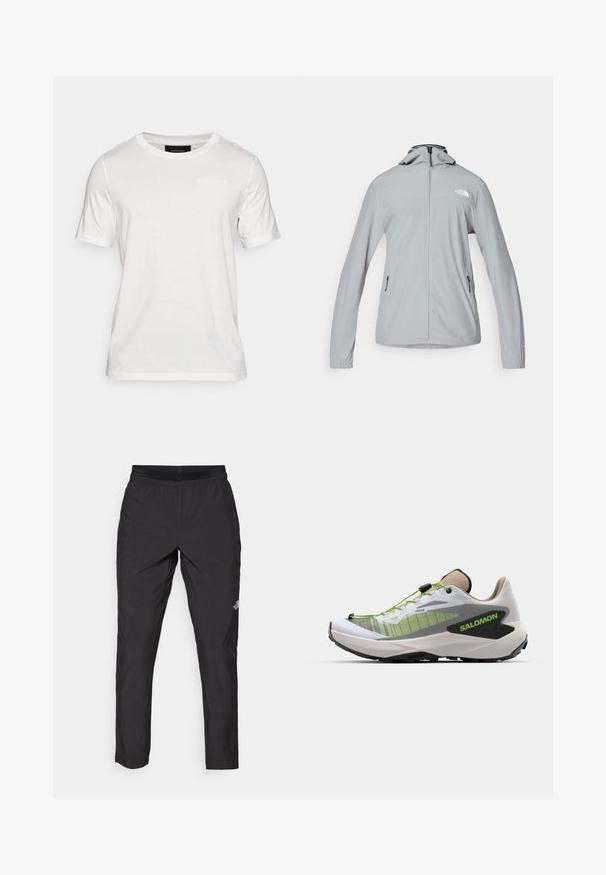 The North Face MOUNTAIN ATHLETICS HOODED JACKET - Széldzseki - monument grey; Fehér, rövid ujjú póló, puha anyagból készült. Kerek nyakkivágással és diszkrét márkajellel a középső elülső részen.; Fekete sportnadrág elasztikus derékkal, könnyű anyagból készült, kis logóval az alsó lábszáron és egyenes lábbal rendelkező dizájnnal.; Salomon GENESIS - Terepfutó cipők - white/oxford tan/green gecko