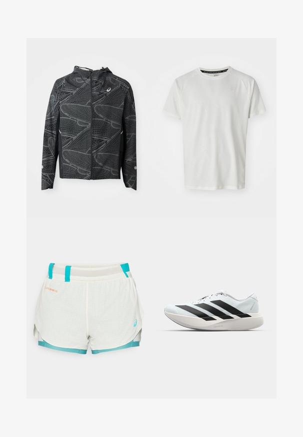 Zwarte lichtgewicht jas met een kortere silhoutte, voorzien van een gestructureerd wit grafisch patroon en een capuchon. Inclusief een ritssluiting aan de voorkant en zijzakken.; ASICS GAME - T-shirt basic - cream; Lichte, mesh-voering shorts in wit met turquoise accenten. Voorzien van een ruitpatroon, een verstelbare taille met trekkoord en zijopeningen voor extra bewegingsvrijheid.; Lichte hardloopschoenen in lichtblauw met zwarte strepen. Beschikt over een soepele bovenkant, ronde neusstuk en dikke witte tussenzool met het label "LIGHTSTRIKE PRO."