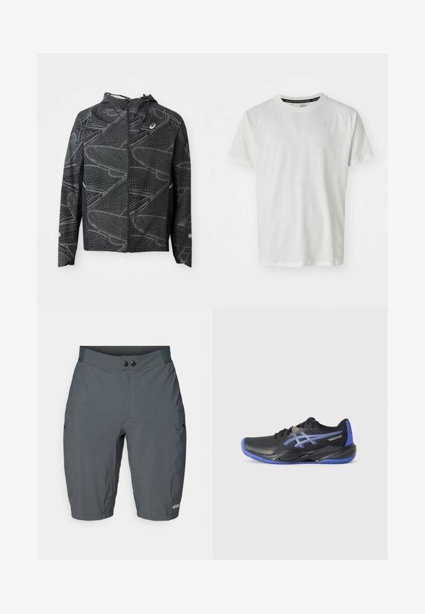 Čierna ľahká bunda s skráteným strihom, so štruktúrovaným bielym grafickým vzorom a kapucňou. Obsahuje zips vpredu a bočné vrecká.; ASICS GAME - Základné tričko - cream; Sivé cyklistické šortky s hladkým povrchom, ktorá má široký pás, dva gombíky a bočné vrecká. Na spodnom leme je biele logo "LE COL".; Čierna športová obuv s modrými akcentmi, obsahujúca perforovaný zvršok, textúrovanú podrážku a detail loga. Zaoblená špička a polstrovaná päta.