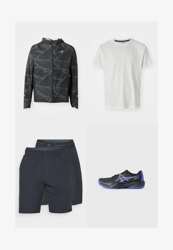 Veste légère noire avec une silhouette courte, ornée d'un motif graphique texturé blanc et d'une capuche. Comprend une fermeture éclair à l'avant et des poches latérales.; ASICS GAME - T-shirt basique - cream; Deux paires de shorts marine foncé côte à côte. L'un a une taille élastique avec des logos, tandis que l'autre dispose d'une poche sur le côté.; Baskets noires avec accents bleus, présentant une tige perforée, une semelle texturée et un détail de logo. Bout arrondi et talon rembourré.